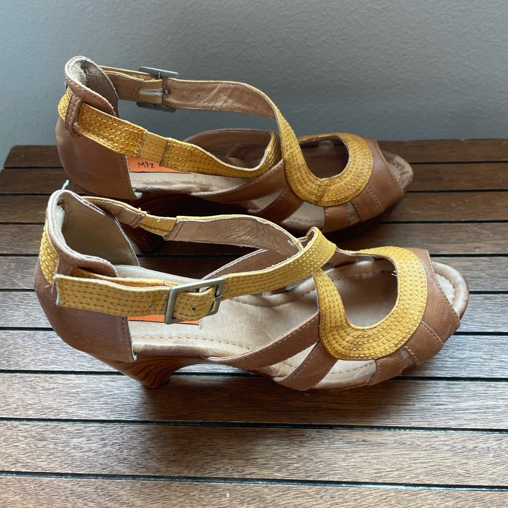 Miz Mooz Brown and Yellow Leather Wedge Sandals